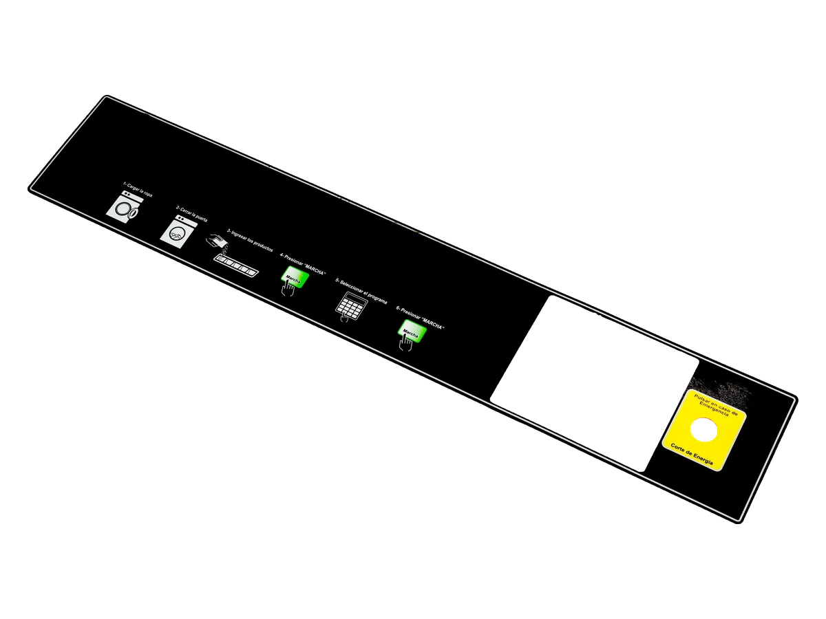 Long printed control panel overlay with operating symbols and a large display area