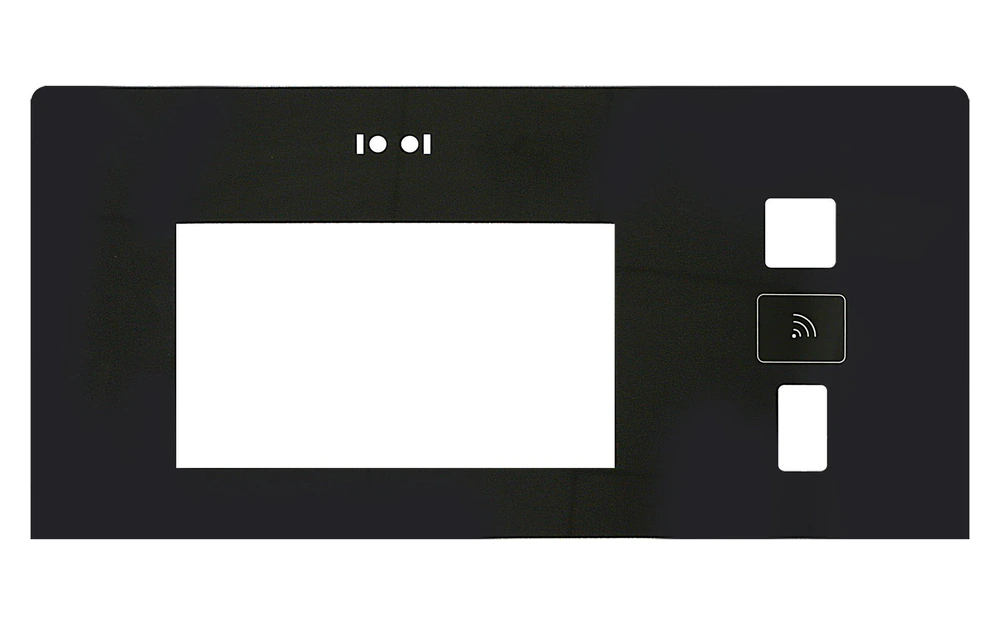 Black capacitive cover glass with a clear display aperture and separate fixed control zones