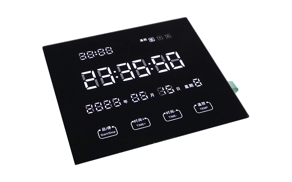 Powered black capacitive panel with an integrated digital display and four fixed touch controls