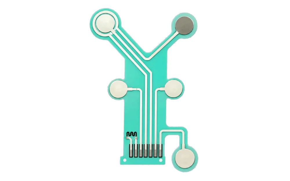 Matriz flexible de electrodos impresos con cinco puntos de contacto, pistas visibles y terminales de conexión