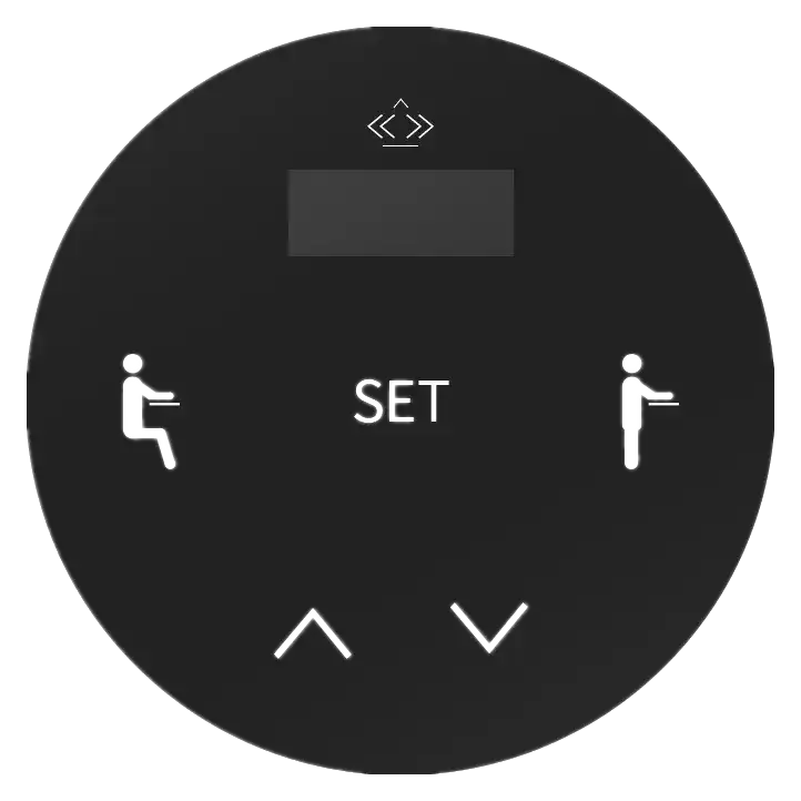 Real glass-look control nameplate with a display window and touch icons