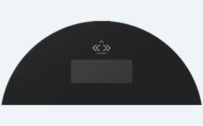 Rectangular display area and printed symbol on the upper part of a round black control panel