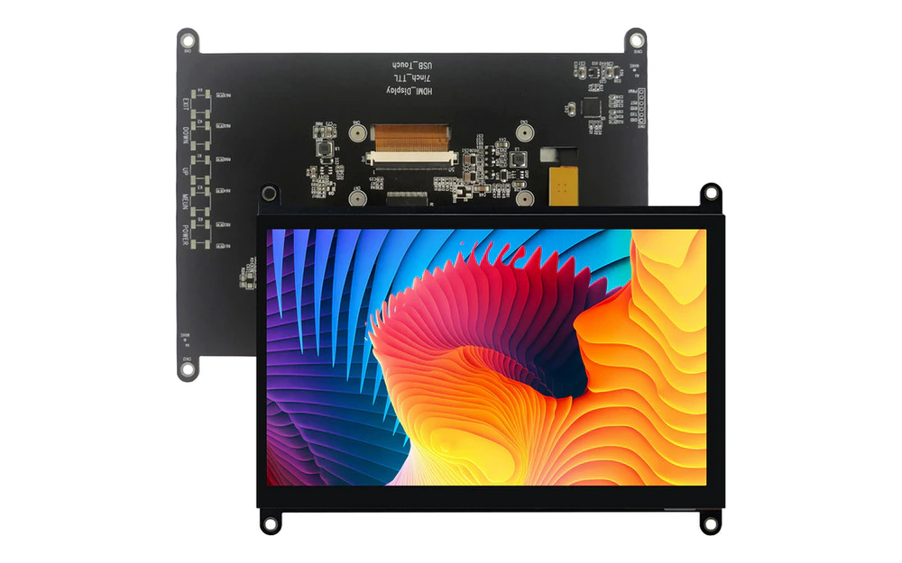 Real 7-inch capacitive touch display module shown with its front screen and rear controller board