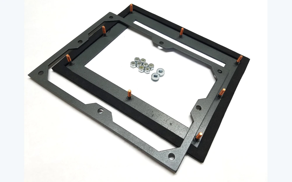 Real HMI mounting backplate with gasket, welded studs, nuts, washers, and panel opening