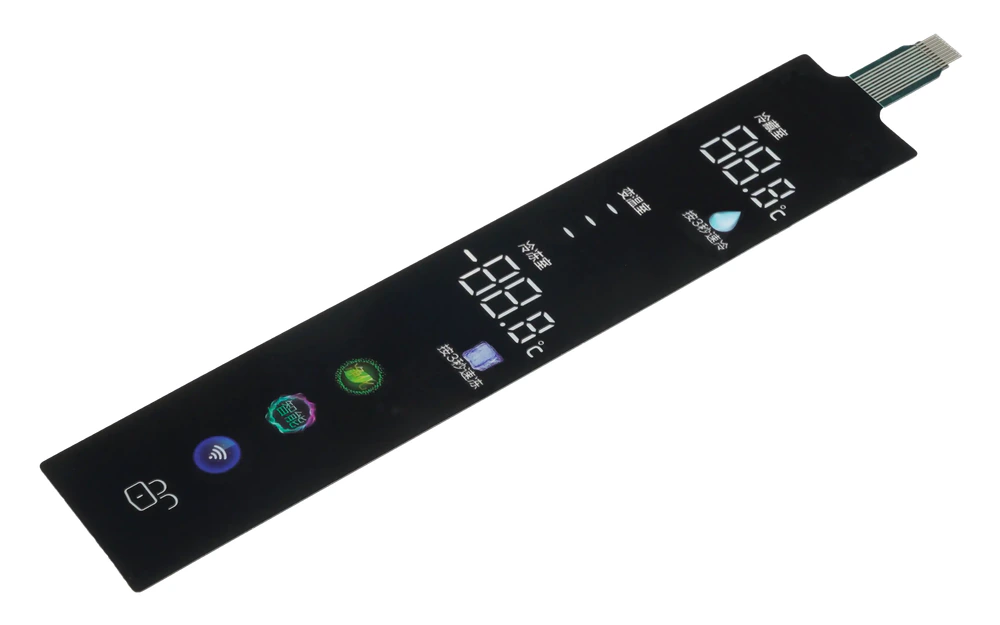 Real black membrane control panel with dual digital displays, illuminated icons, and a flexible tail
