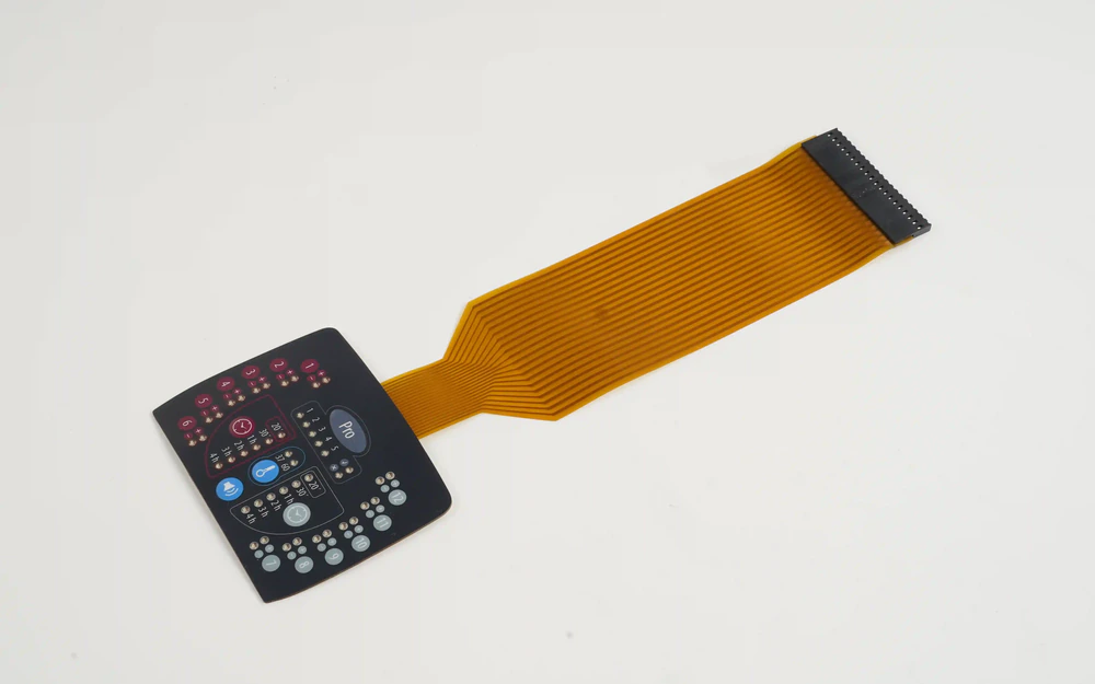 Real flexible circuit membrane keypad with printed conductors, long FPC tail, and board connector
