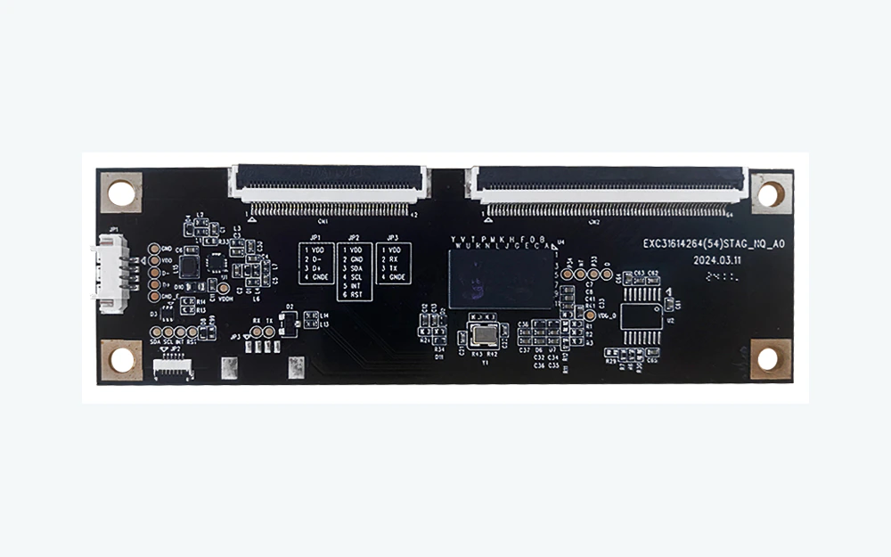 Front side of a projected-capacitive touch controller board with dual FPC connectors and interface circuitry
