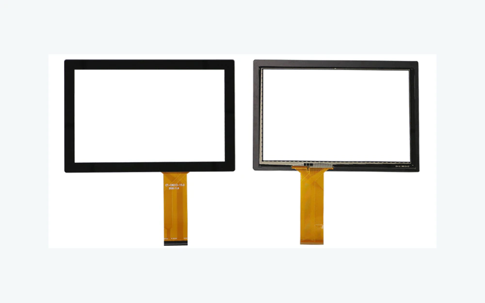 Front and rear views of a projected-capacitive touch panel with a transparent viewing area and FPC tail