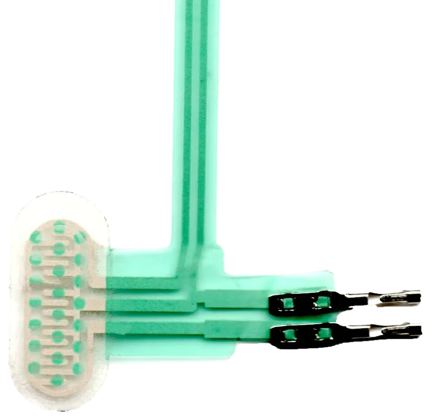 Unterer Kontaktbereich und zwei Metallanschlüsse an einem flexiblen Membrandrucksensor
