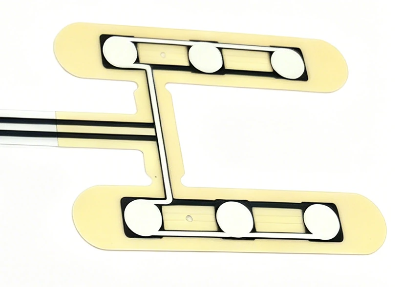 Six circular sensing areas connected by printed tracks on a seat sensor