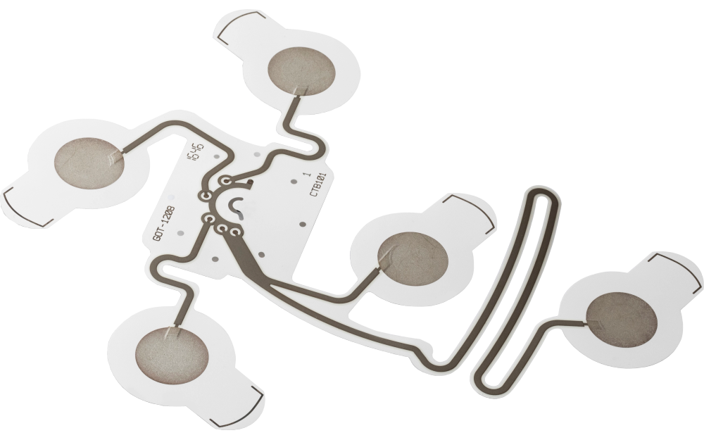 Parche sensor portátil flexible multisitio con pistas impresas e interfaz central