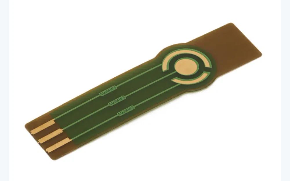 Flexible printed electrochemical sensor strip with three electrode areas and terminals