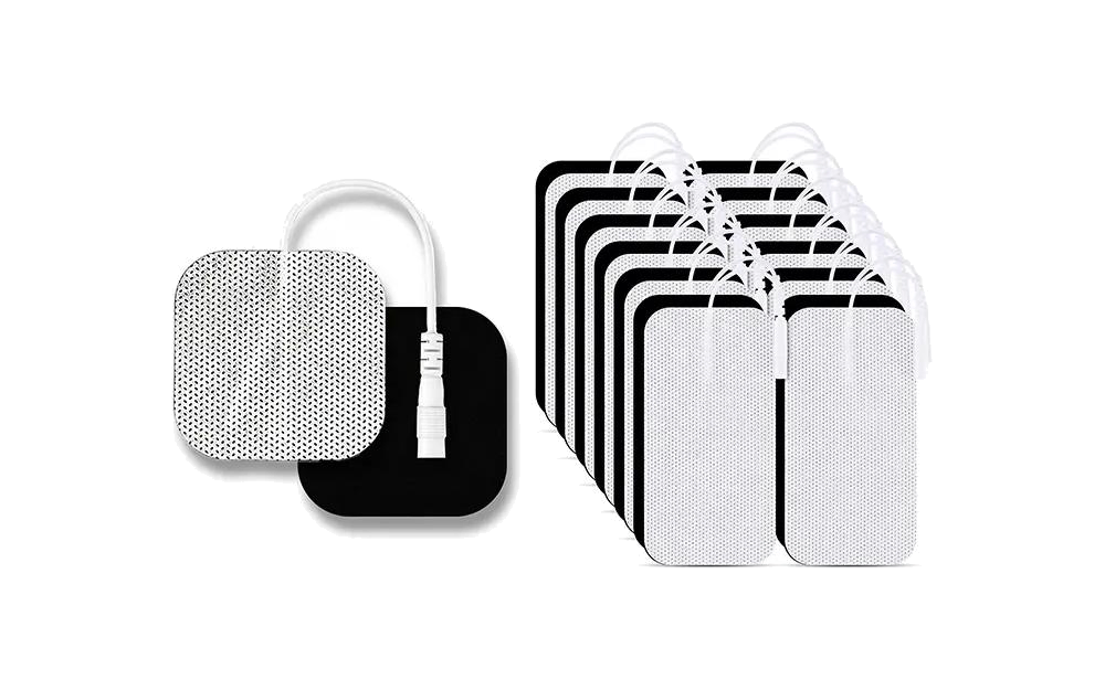 Assortment of white and black wired medical electrode pads in square and rectangular formats