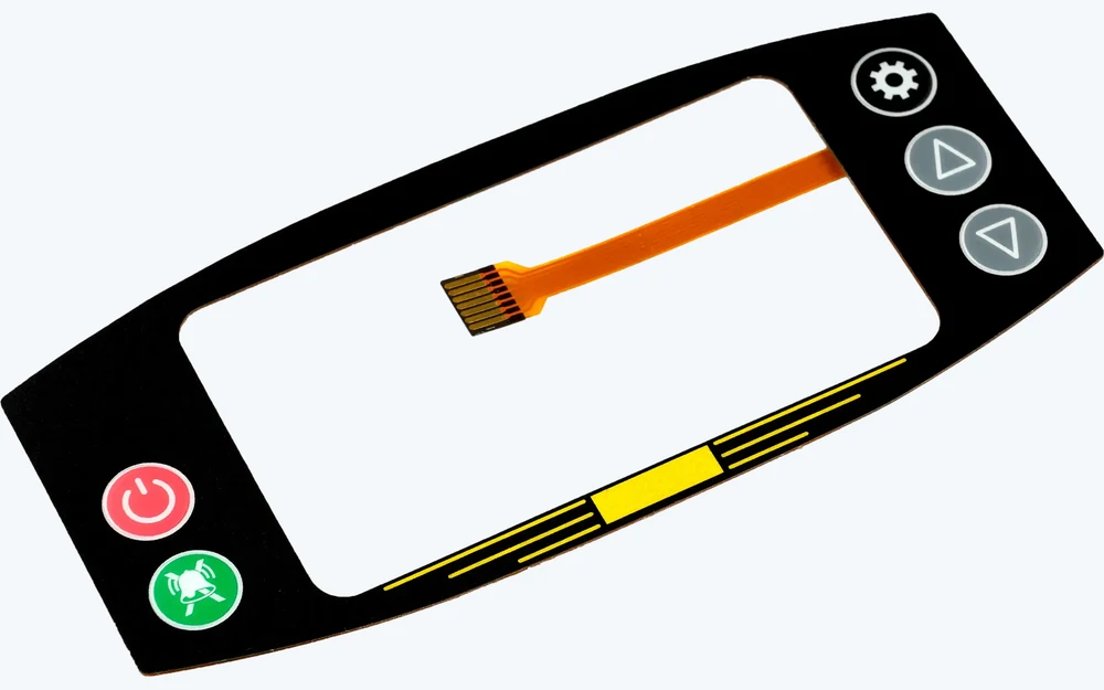 Real industrial membrane switch panel with display opening, printed buttons, and flexible tail