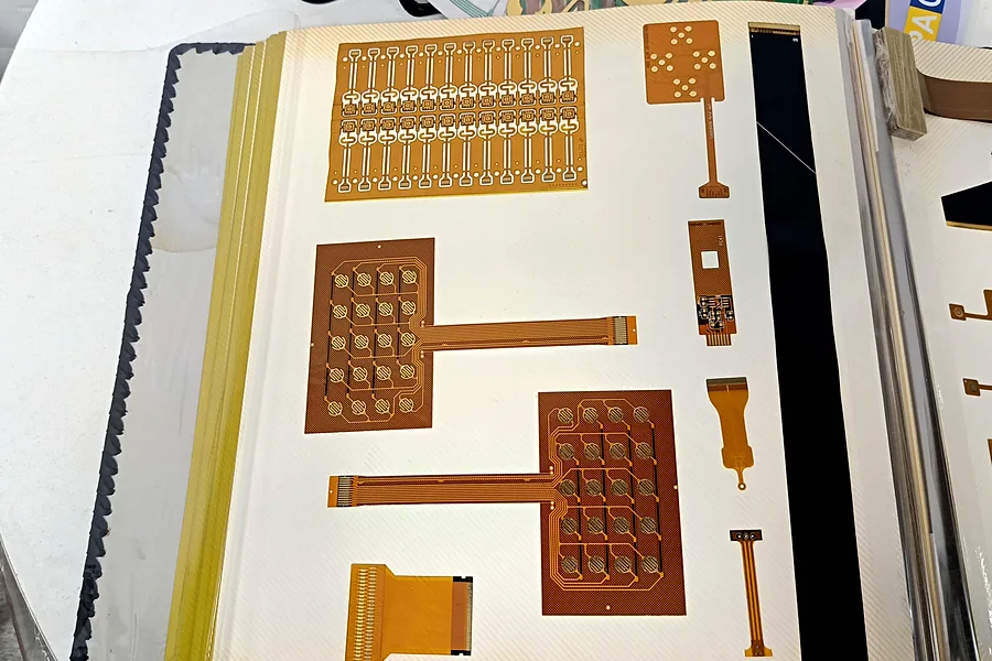 Flexible printed circuit samples showing conductor patterns and tail geometries