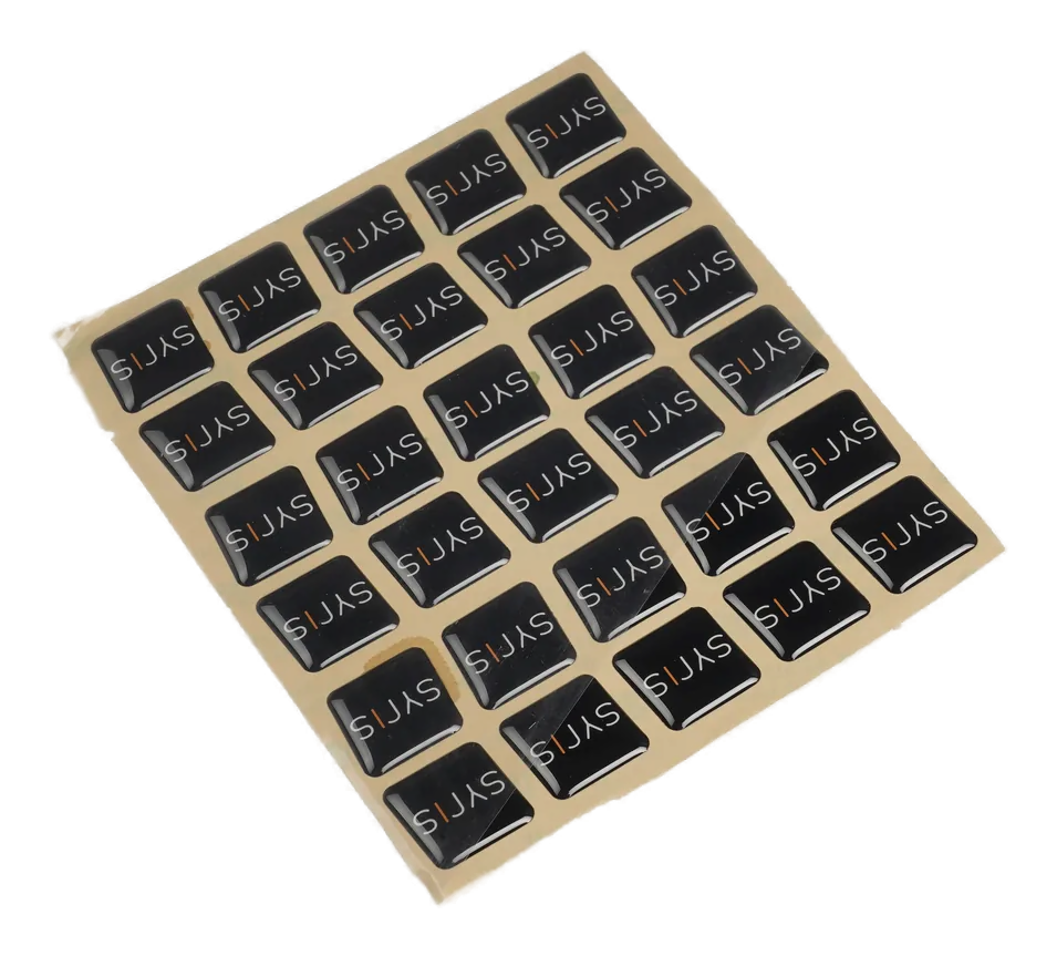 Real production sheet of raised resin domed labels