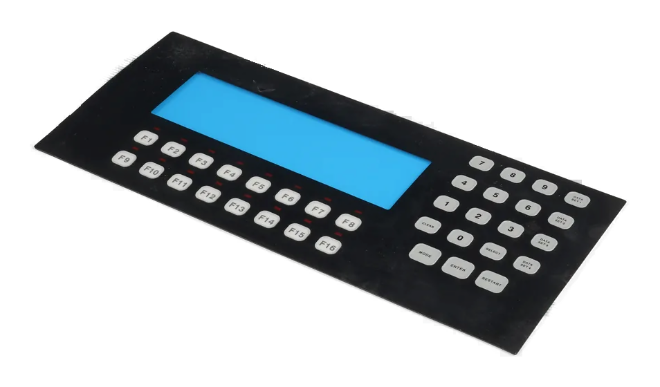 Real membrane switch HMI panel with a display window and flexible tails