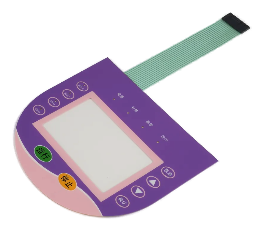 Real flat non-tactile membrane switch with display window and flexible tail