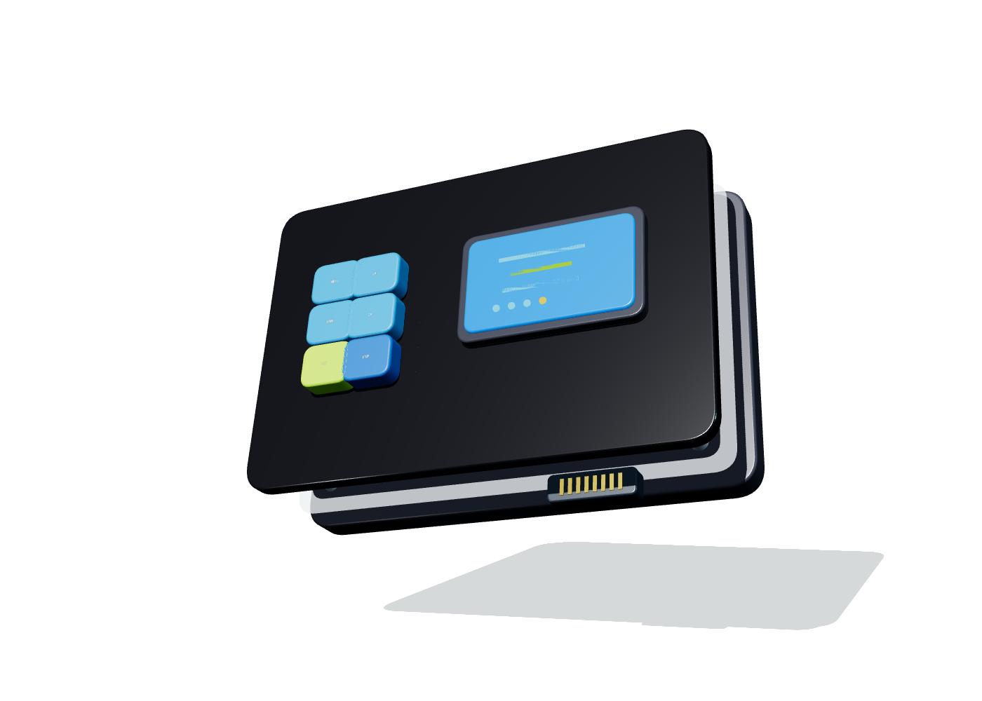 Silicone keypad HMI assembly with raised keys, display area, PCB, lighting, carrier, and connector