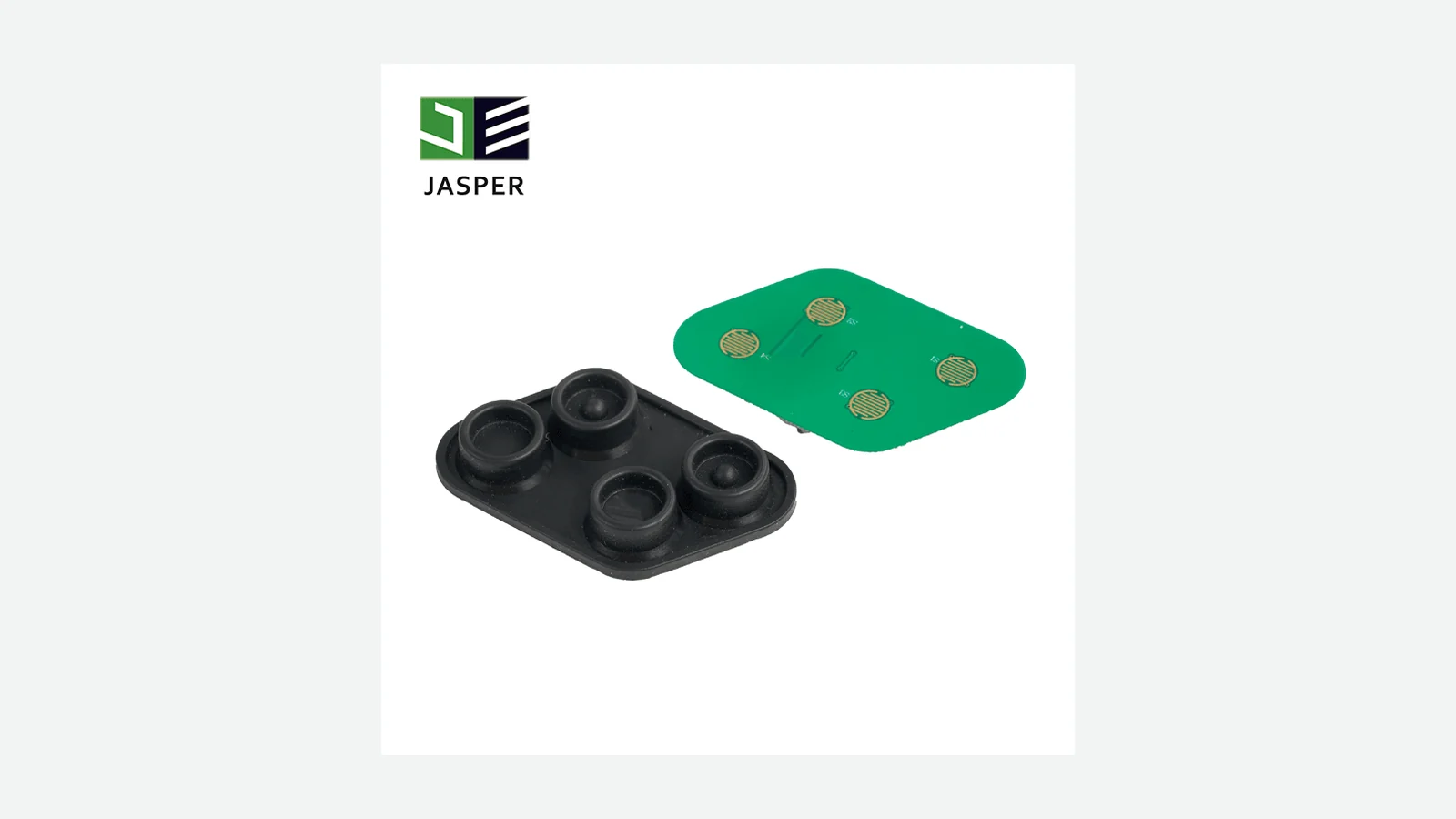 Carbon-pill silicone keypad mat beside its interdigitated PCB contacts